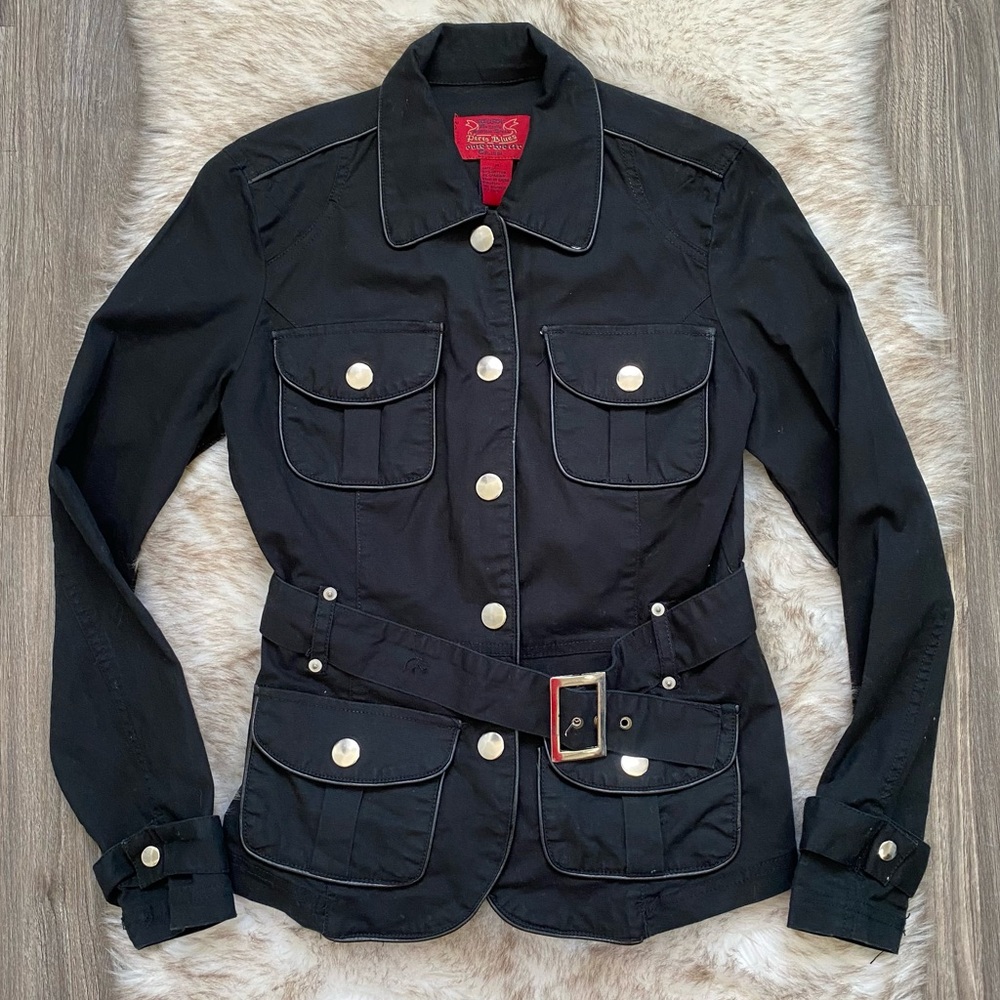 Y2K Paris Blue Black Canvas Belted Military Utility Style Jacket